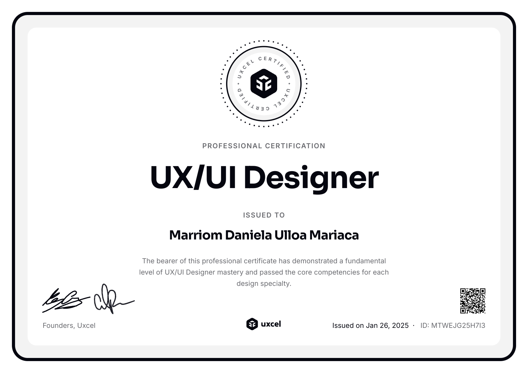 Marriom Daniela Ulloa Mariaca's certificate